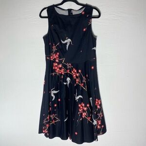 Anni Coco Black Sleeveless Circle Dress with Red Floral and Bird Print XL